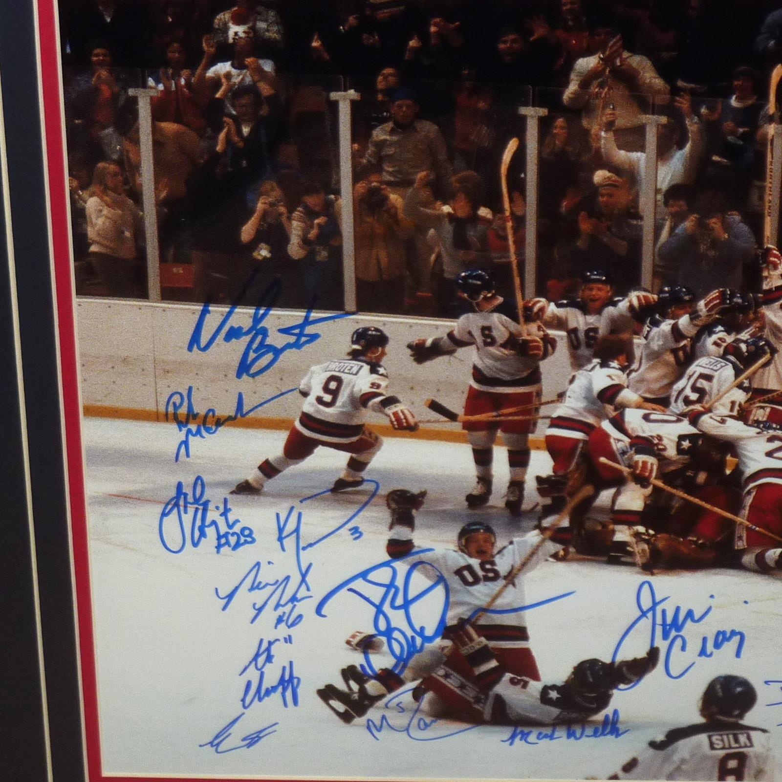 1980 U.S. Olympic Hockey Team Autographed (Miracle On Ice) Deluxe Framed 16x20 Photo - 18 Team Member Signatures - Beckett Witnessed