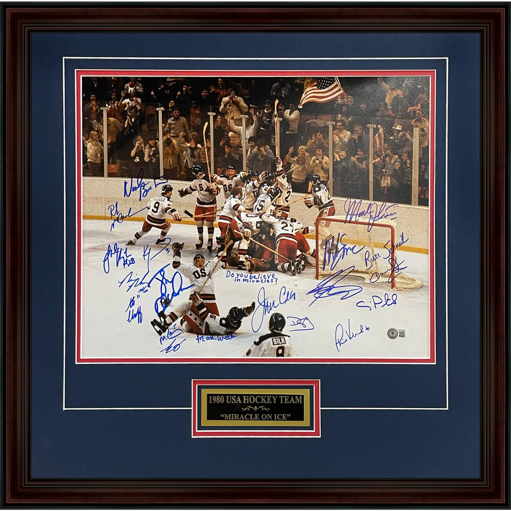 1980 U.S. Olympic Hockey Team Autographed (Miracle On Ice) Deluxe Framed 16x20 Photo - 18 Team Member Signatures - Beckett Witnessed